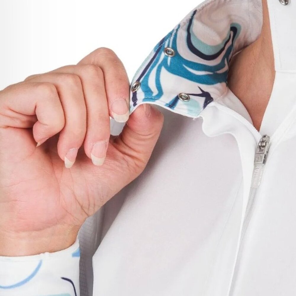 ROMFH White Long Sleeved SHOW SHIRT size M NWT Teal abstract collar & cuffs